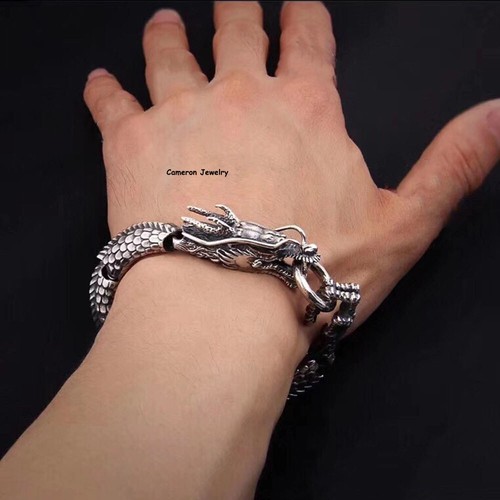 Solid S925 Sterling Silver Chain Men 10mm Dragon Link Bracelet 66-67g 7.9inch - Picture 7 of 7