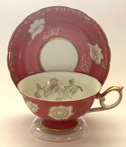 Taza y platillo vintage de porcelana de hueso CDGC hecho en Japón rosa polvoriento y dorado - Imagen 1 de 15