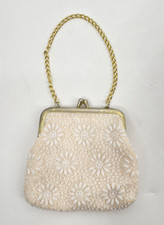 Vintage Beaded 4" Purse Coin Pouch Small Kiss Lock Bag ivory off white daisy