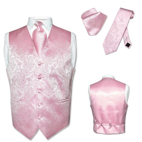 Men's Dress VEST NeckTie for Suit Tuxedo PINK Color PAISLEY Design Tie Hanky S