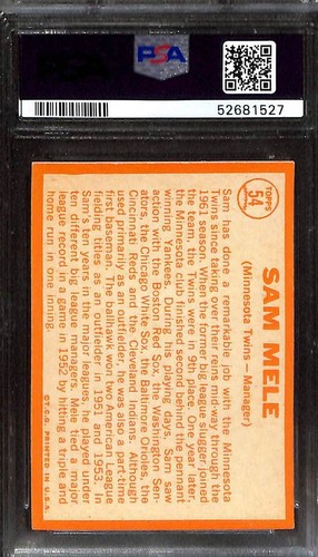 1964 Topps #54 Sam Mele PSA 8 NM-MT 52681527  - Picture 2 of 3