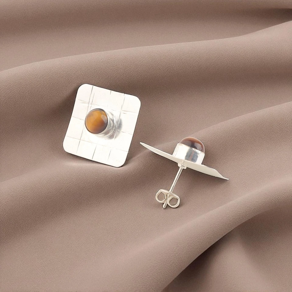 Pendientes de plata 925 con piedras preciosas de ojo de tigre amarillo natural hechos a mano joyería regalo Foto 2 de 4