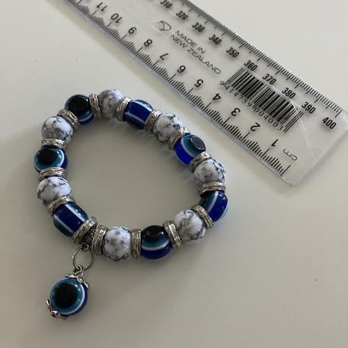 Silver Blue & White Glass Bead Stretch Greek Turkish Arab Bracelet Evil Eye Prot - Picture 2 of 5
