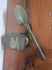 Portable Military Style Folding Shovel. Saw Edge And Compass  16" Long Camo Case