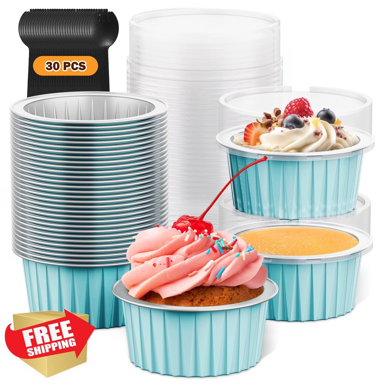 30 Pcs Mini Cake Pans 5oz Blue Disposable Foil Cups with Lids