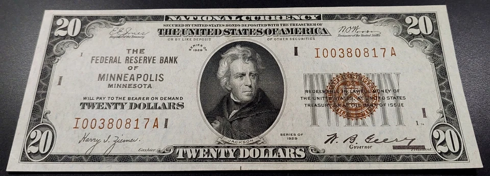 1929 $20 National Currency, FRB Minneapolis! Almost uncirculated! Fr# 1870 I. - Image 2 of 4