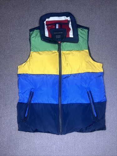 Tommy Hilfiger Men's Multi Color Puffer Vest Hood Sz S Water Wind Resistant