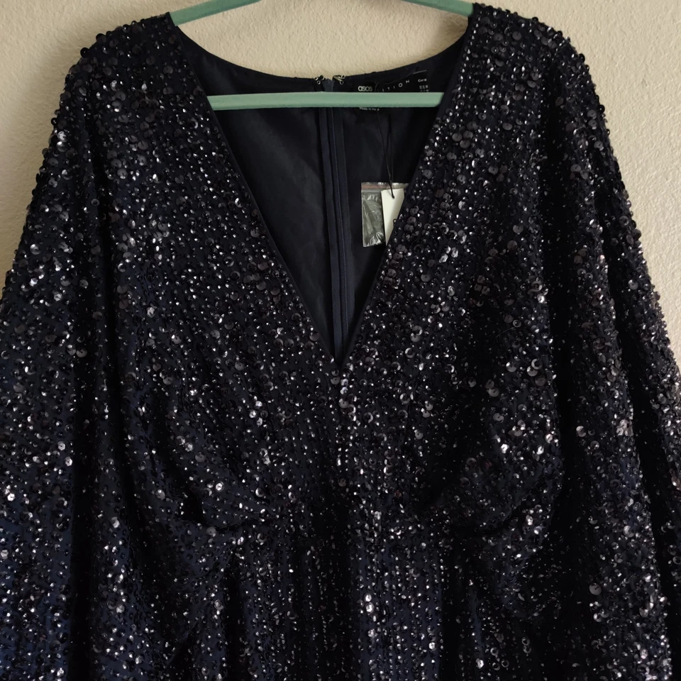 Vestido midi glamuroso lápiz lentejuelas kimono azul marino edición ASOS talla 18 fiesta boda Foto 3 de 4