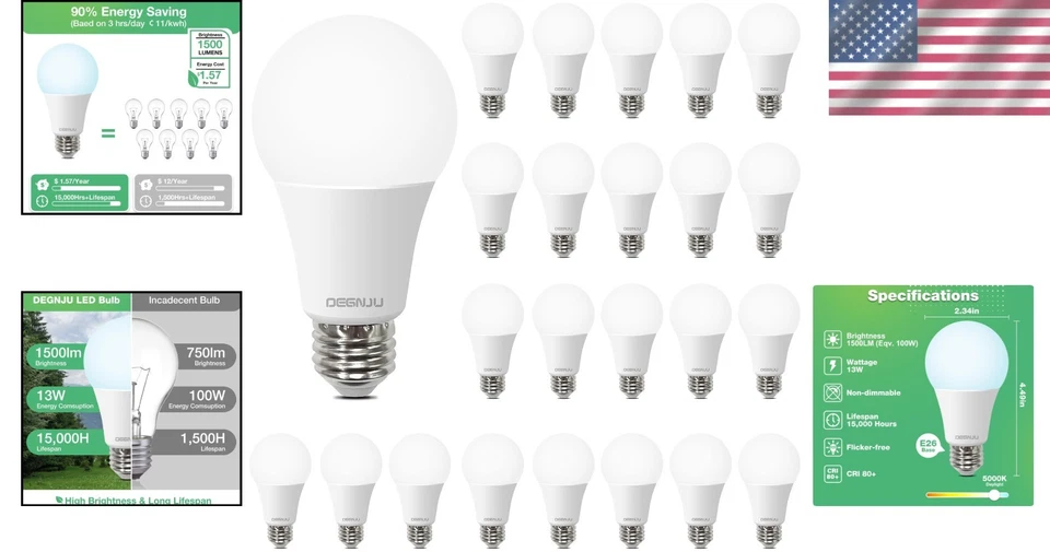 Versatile 5000K Daylight LED Bulbs, 100W Equiv, 24 Pack - Image 2 of 4