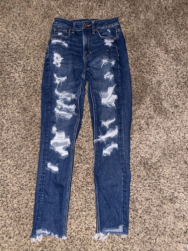 American Eagle Mom Jeans Womens 00 Blue Denim High Rise Medium Wash Distressed
