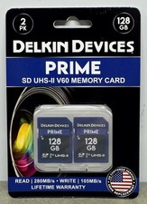 Delkin PRIME 128GB SDXC UHS-II V60 Memory Cards 2 Pack 280MB/s NEW