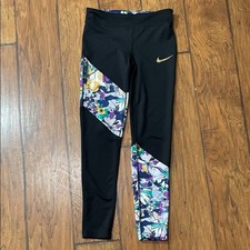 Nike Kids Black Leggings Tight Fit with Floral Accents, Size L