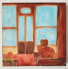 Monica Fallini Original Oil Painting “At the Café” 2011 w/ COA Expressionism 8x8