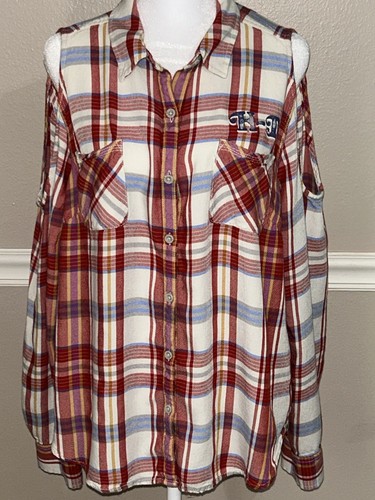 Harley Davidson Womens 1W Shirt Button Collared Red Plaid Eagle Cold Shoulder - Picture 4 of 6