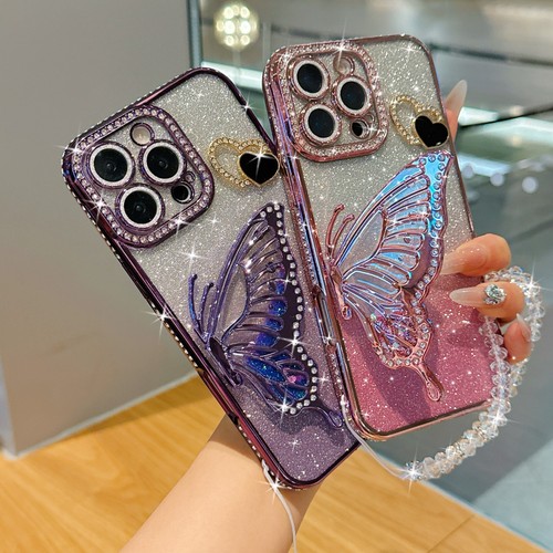 For Various Phone Hot Diamond Quicksand Butterfly Holder Case Flash Cover +Chain - Picture 5 of 23
