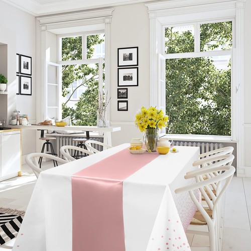 8Pack Disposable Plastic Tablecloths and Satin Table Runner Set White and Ros... - Picture 4 of 7