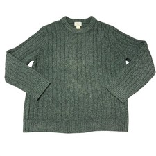 LL Bean Mens L 100 Lambswool Sweater Green Heather Ribbed Crewneck Heritage