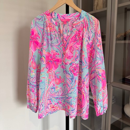 Lilly Pulitzer Elsa Silk Top Isla De Coco Multicolor Vibrant Pattern Pink Blue M