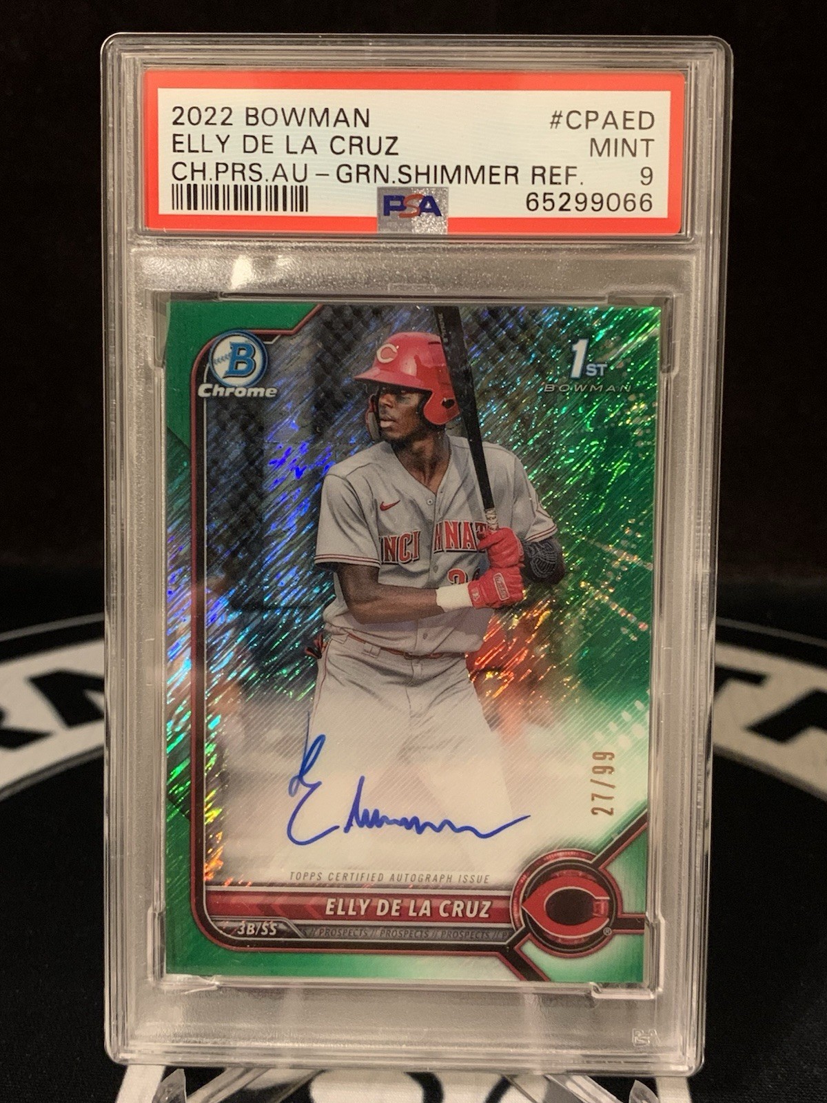 2022 Bowman Elly de la Cruz 1st Chrome Green Shimmer Ref Auto #27/99 PSA 9 Mint