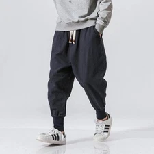Men's Japanese Sweat Pants Casual Cotton Linen StretchVElastic Trousers Joggers