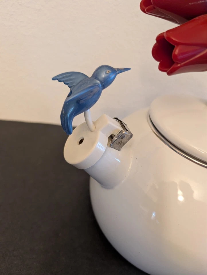 Ancona Kettle Hummingbird, Tulips Enamel Red, White, Blue &Green Teapot 1995 VGC - Image 2 of 4