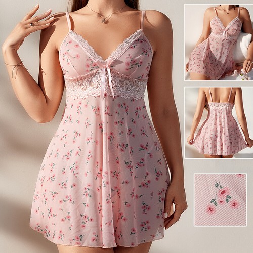Women's Sexy Babydoll Lingerie Pink Floral Lace Nightgown Sleeveless MIni Dress♡