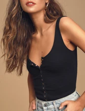 Free People Black Tellin' Me Ribbed Snap Front Tank Top Sz S