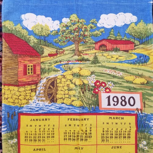 Vintage 1980 Calendar Towel Old Mill Rustic Scene Cotton NOS Never Used - Picture 1 of 7
