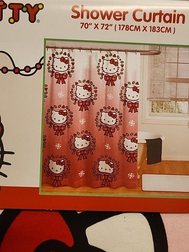 New Hello Kitty Holly Berry Christmas Wreath Pink Shower Curtain 70" x 72" - Picture 2 of 2