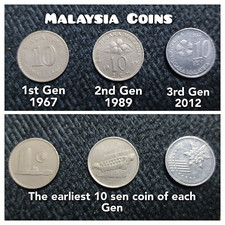 1967 MALAYSIA Coins earliest  10 Sen Coin Of Each Gen  1967, 1989, 2012 set of 3