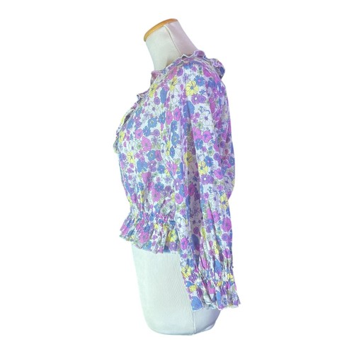 Top corto floral Modcloth talla M drama en Doll Valley con volantes púrpura azul - Imagen 7 de 10