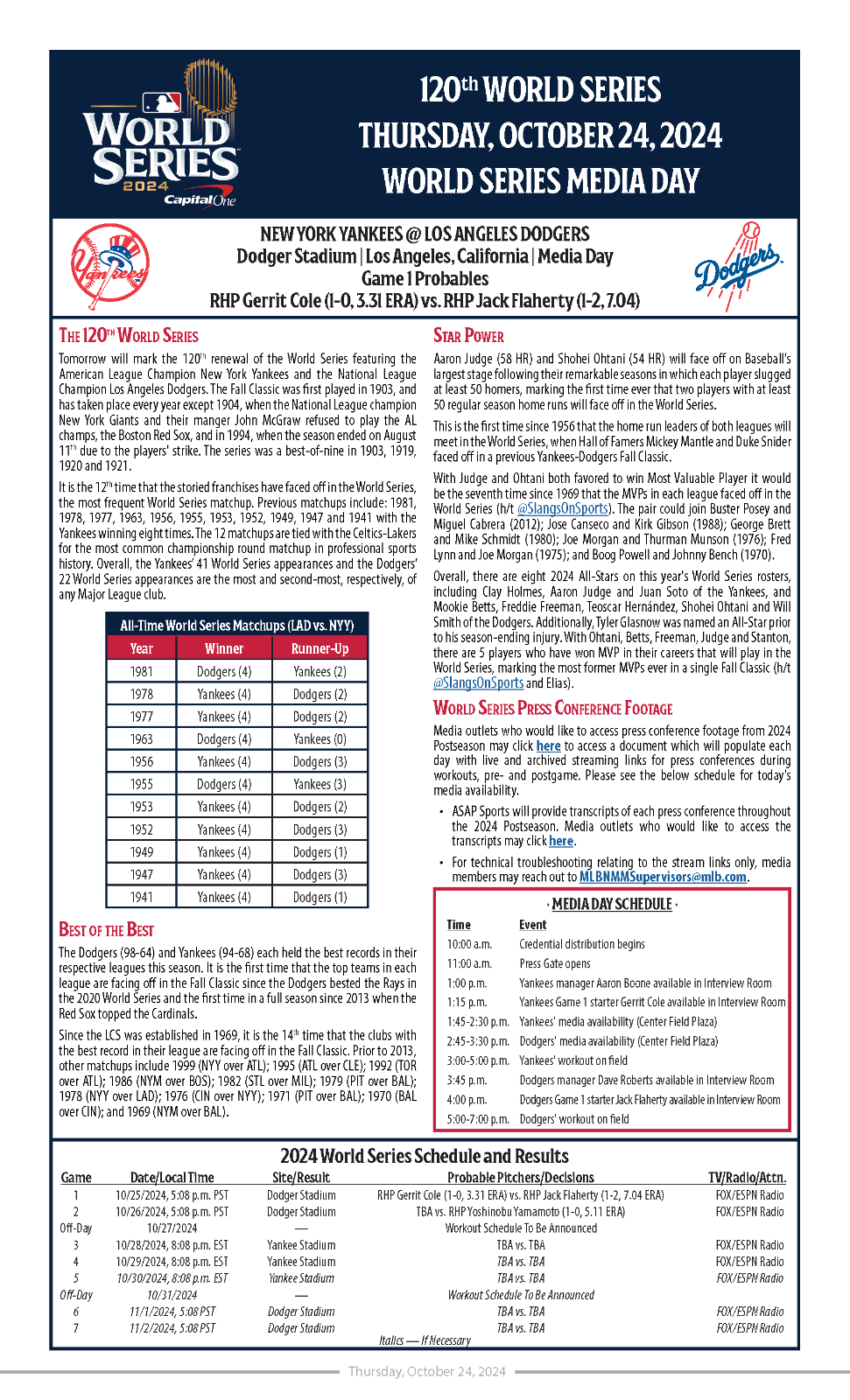 2024 World Series MLB Issued Media Day Notes - Dodgers vs Yankees - Ohtani Judge