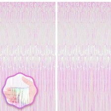 2 Pack Iridescent Tinsel Foil Fringe Curtains, Iridescent Transparent