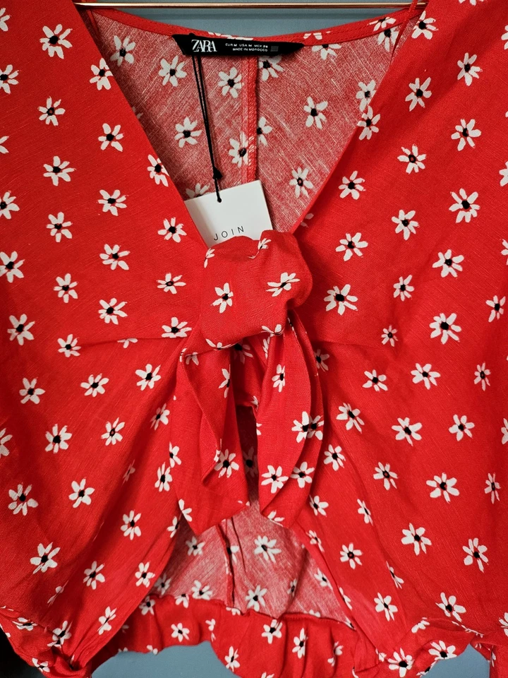 Zara Linen Cotton Crop Knotted Top -Size Medium UK 10/12 floral -Red- 3/4 sleeve - Image 2 of 4