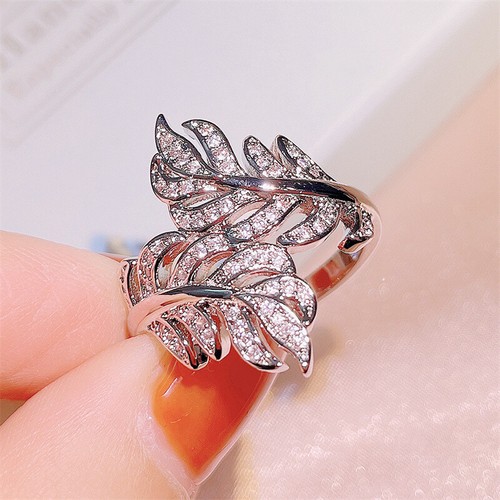 Women Luxury Cubic Zirconia Rings 925 Silver Leaf Shape Jewelry Size 6-10 - Picture 3 of 7