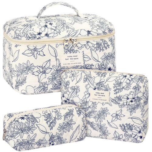 Quilted Cotton Makeup Bag Large Floral Cosmetic Bag Cute Toiletry Organizer Flow