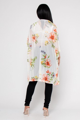 Ivory Floral Open Front Kimono Cardigan Size Medium Cover Up - Picture 2 of 2