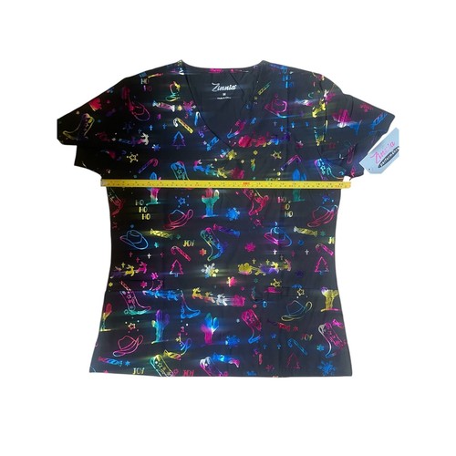 Zinnia Christmas Print Scrub Top Western Holiday Workwear Top Size M - Picture 3 of 5