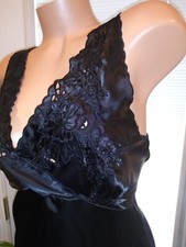 Vtg Satin Oily Wet Jet Black Long Nightgown Nightie Gown Dress Gown Lingerie 40"