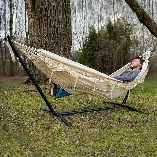 VIVERE C9POLY-13 Double Polyester Hammock with Space Saving Steel Stand - Picture 5 of 7
