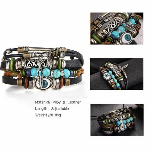 Multilayer Leather Bracelet Fish Charms Beads Bracelets Stone Bangle Men Jewelry