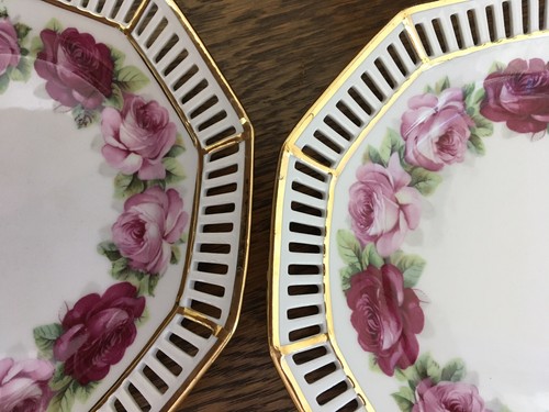 2 Reticulated 7.5” Porcelain Plates Pink Roses by Schumann of Germany c.1955 - Picture 8 of 19