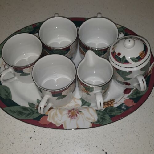 Vintage Tienshan Magnolia 4 Cups, Creamer, Sugar Bowl and 14inch oval Serving pl - Picture 11 of 11