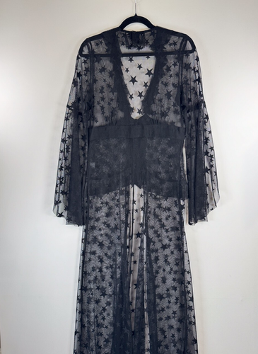 Anna Sui Women Robe Black Shooting Star Point d Esprit Tulle Sheer Jacket Size 8 - Picture 8 of 12