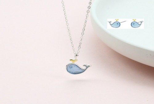 Silver Tiny Blue Whale Enamel Jewelry Set: Necklace & Earrings - Picture 2 of 4