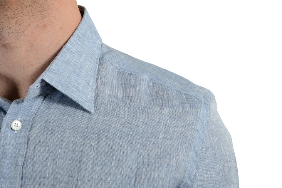 Camisa de vestir Malo para hombre azul 100 % lino manga corta con botones talla 15 15,5 Foto 4 de 4