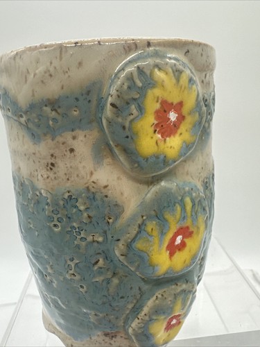 Taza de cerámica de estudio de arte lanzada a mano firmada proverbios fechados floral azul amarillo 16 oz - Imagen 15 de 17
