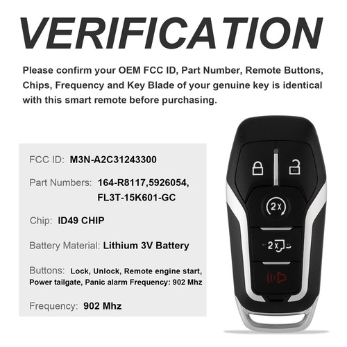902Mhz 5 Buttons M3N-A2C31243300 Car Key Fob Remote Fit for Ford 2015 2016 2017 - Picture 1 of 10