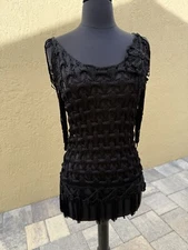 $895 Vintage Y2K CHRISTIAN LACROIX Black Open Weave Knit Fringe Top Sz L