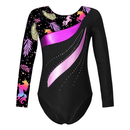 US Kids Girls One Piece Rhinestone Printed Gymnastic Leotards Bodysuit Dancewear - Picture 57 of 156